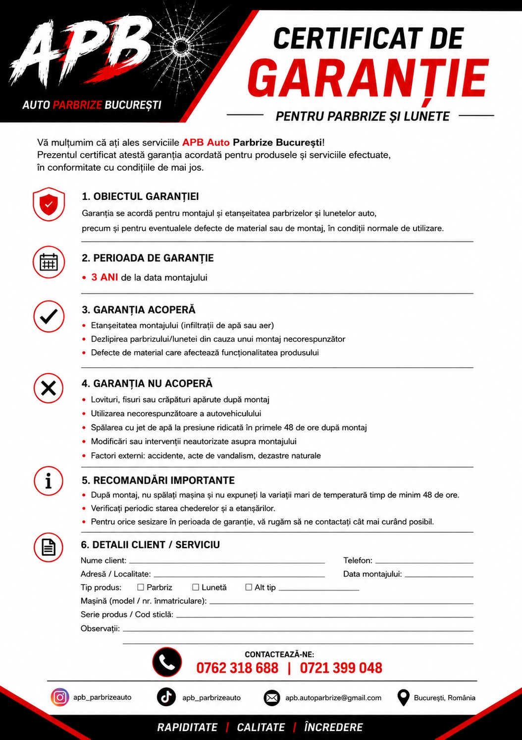 Certificat de garanție APB Auto Parbrize București